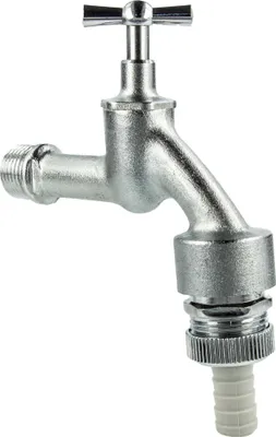 A silver faucet with a white hose attachment, isolated on a white background.