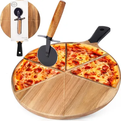 Image de Planche à pizza Assiette à pizza Planche à tarte flambée Planche de service en bois ronde avec couteau à pizza 30 cm 2 pcs.
