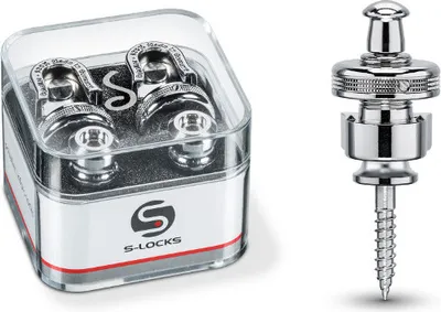 A product shot of Schaller S-Locks guitar strap locks in a clear plastic case, next to a single strap lock.