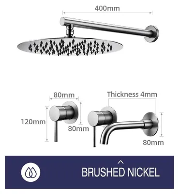 Produktbild von Duschsystem Regendusche - Wandmontierte Duscharmatur Mit Auslauf - Runder 20 cm Regenduschkopf - 21 cm Wannenauslauf - 2-Wege Mischer Warm/Kalt - Messing - Gebürstetes Nickel