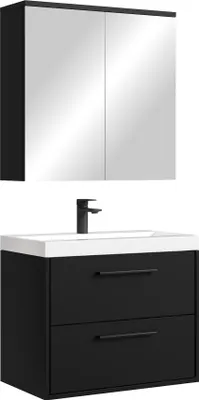 A black bathroom vanity with a white sink and a mirrored cabinet above it, set against a white background.