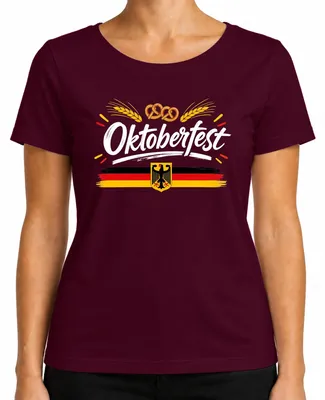 Imagen del producto de , Alemania, águila federal, pretzel, camiseta con motivos tradicionales, pantalones de cuero, camiseta para mujer, color burdeos, talla XL