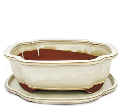 Obrázek produktu pro Miska na bonsaje s podšálkem, velikost 4, světle béžová, Haitang/oválný, model I4, délka 26 cm, šířka 20,5 cm, výška 8,5 cm