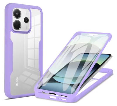 A purple and clear phone case is shown from two angles against a white background.