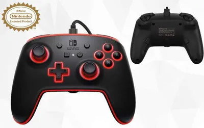 A black and red Nintendo Switch controller is shown from the front and back against a light gray and white background.