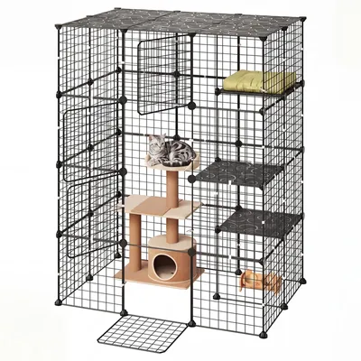Obrázek produktu pro VEVOR, klec pro kočky, venkovní výběh pro kočky, 4 patra, rozměry 104,1 x 71,1 x 139,7 cm, sestavitelný výběh pro kočky, odnímatelná kovová klec se 4 dveřmi, ideální pro 1-2 kočky, koťata, drobné zvířata, černá barva