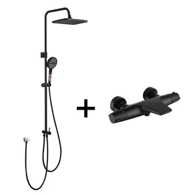 Produktbild von Homelody Duschsystem mit Thermostat Badewannenarmatur Schwarz mit 30×20 cm Regendusche, 6 Strahlarten Handbrause, Wasserfall-Auslauf
