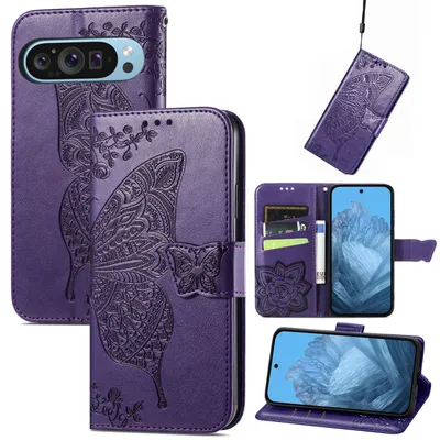 Produktbild von Für Google Pixel 9 / 9 Pro Kunstleder Wallet Handy Tasche Schmetterling Design Hülle Etuis Lila
