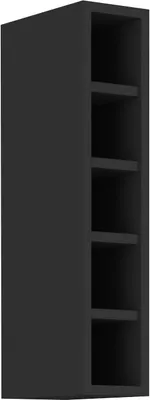 A tall, narrow, black shelving unit with five open compartments.