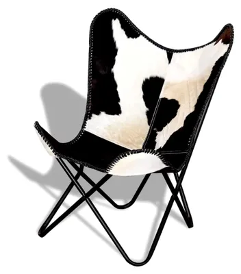Produktbild von Butterfly Sessel, Loungesessel mit Eisengestell, Relaxstuhl für das Wohnzimmer, Vintage-Stil, Schwarz Weiß Echtes Kuhfell