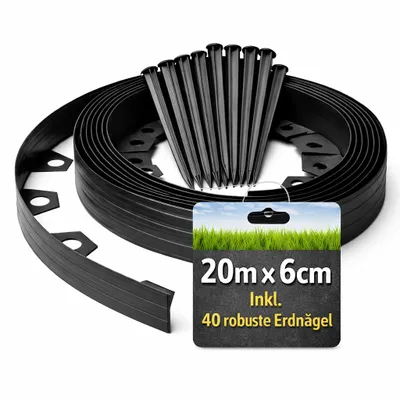 Produktbild von BigDean Flexible Rasenkante 20 m x 6 cm Komplettset – inkl. 40 Erdnägeln 200 integrierte Ösen flexibel & langlebige Beeteinfassung mit optimaler Höhe