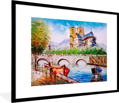 Produktbild von MuchoWow® Gerahmtes Poster Gemälde - Paris - Boot - Brücke 80x60 cm - Poster mit Schwarzem Bilderrahmen Wandposter Rahmen Foto Bilder - Schlafzimmer-Dekorationen - Fotoposter