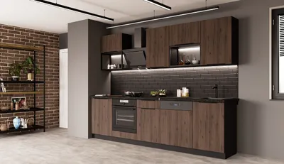 Produktbild von Küche MONZA BASIC LOFT 280 cm Küchenzeile Küchenblock Einbauküche Nussbaum Okapi matt + Schwarz matt