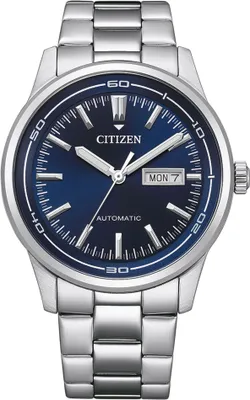 A close-up, front-facing studio shot of a men's wristwatch with a blue dial and silver metal band.