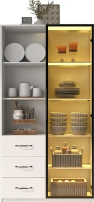 Produktbild von Merax Glasvitrine mit 3 Schubladen, Regalen, Glastür, Stehend Vitrinenschrank mit Farbwechsel-LED, Hochschrank, Badezimmerschrank, 80x40x160cm, Weiß