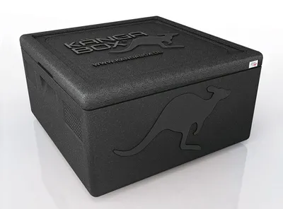 A black KÄNGABOX® thermobox with a kangaroo logo and brand name embossed on it, shown from a slightly elevated angle against a white background.