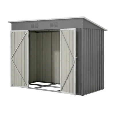 A grey metal garden shed with double doors open, shown against a white background.