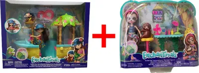 Produktbild von Mattel Enchantimals 2er-Set GFN54 Nagelstudio Sela Sloth und Treebody + GFN58 Dschungelwald Boot mit Äffchen mit viel Zubehör, Sammelfiguren, Geschenk-Set