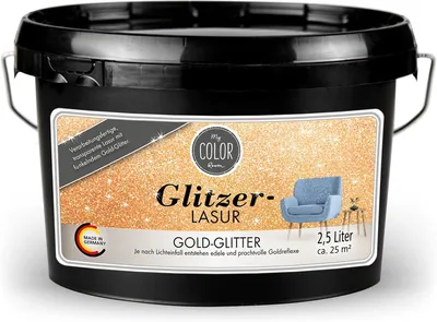 A black plastic bucket containing gold glitter paint.