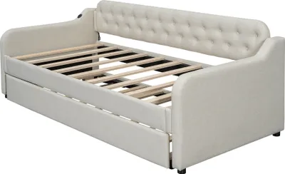 Produktbild von Flieks Schlafsofa 90x200cm mit USB, Polsterbett mit Ausziehbett, Tagesbett Gästebett mit Lattenrost, Einzelbett Holzbett, Leinen, Beige