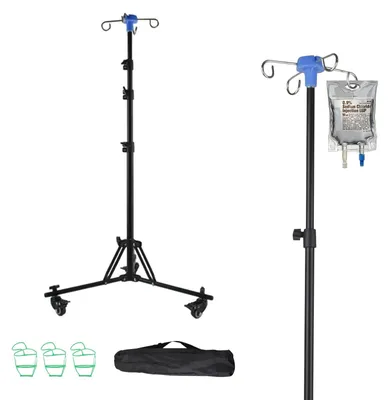 Imagen del producto de Soporte para infusiónes con ruedas, equipado con 4 ganchos y ajuste de altura, fabricado en acero inoxidable