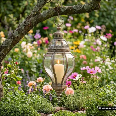 Produktbild von Hängelaterne "Vintage" aus Metall, 56 cm hoch, Outdoor Laterne hängend, Kerzenständer, Gartenlaterne