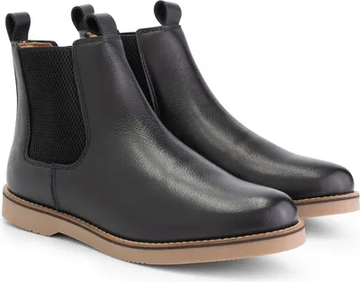 A pair of black Chelsea boots shown from a three-quarter angle against a white background.