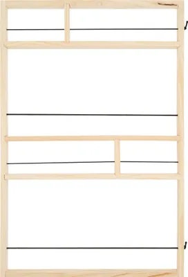 A wooden shelf with elastic cords, shown against a white background.
