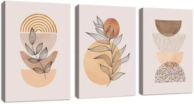 Image de Ensemble de 3 tableaux décoratifs style bohème, motifs géométriques de plantes en orange clair, sur toile de haute qualité montée sur des cadres en bois massif de 17 mm. Prêt à être accroché, idéal pour la décoration du salon