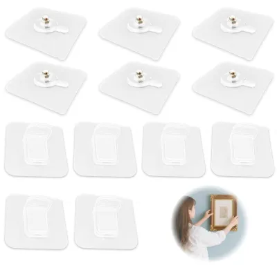 Produktbild von Set mit 12 selbstklebenden Aufhängehaken mit Trägerplatte, transparente Haken zum Aufhängen von Fotos ohne Bohren, ideal für Fotos, Rahmen und Dekorationen, Tragfähigkeit bis zu 20 kg, wasser- und feuchtigkeitsbeständig.