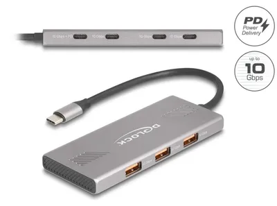 Produktbild von DeLOCK 64313, USB 3.2 Gen 2 (3.1 Gen 2) Type-C, USB 3.2 Gen 2 (3.1 Gen 2) Type-A, USB 3.2 Gen 2 (3.1 Gen 2) Type-C, 10000 Mbit/s, Grau, Aluminium, 80 W