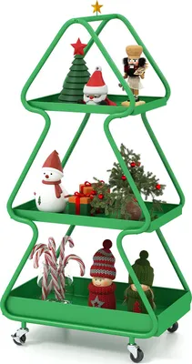 Productafbeelding van COSTWAY 3-laags serveerwagen, rollende kar in kerstboomvorm, keukentrolley met sterren en wielen, keukenrek voor kerst, 50x31,5x102cm, groen