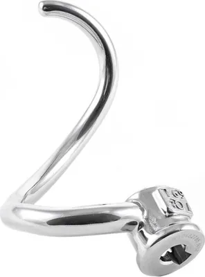 A close-up, isolated shot of a silver dough hook.