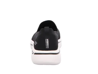 The back view of a black Skechers Go Walk Arch Fit Delora women's sneaker against a white background.