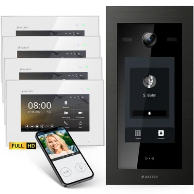 Produktbild von Balter EVO-HD Video Türsprechanlage mit Touchscreen Türstation, Video Türklingel, App, 4 Familienhaus, 4x 7 Zoll Monitor, Full HD, 2 Draht Bus