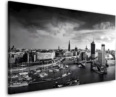 Produktbild von Hamburg Skyline Hafen schwarz weiss Leinwandbild Wandbild  Kunstdruck XL: 130x70x4cm