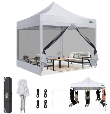 Image de Pavillon de jardin 3x3 mètres avec moustiquaire, imperméable, protection UV 50+, réglable en hauteur, 4 parois, tissu Oxford 420D, avec sac de transport, couleur blanche