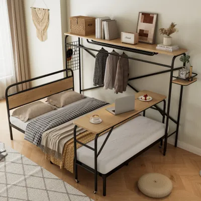 Produktbild von Metallbett, Flachbetten + Tisch + Vertikaler Garderobenständer, Tisch mit Rädern, Kompletter Satz Schlafzimmermöbel, Heranwachsende und Erwachsene