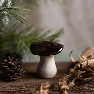 A ceramic mushroom figurine is placed on a wooden surface, surrounded by natural elements like a pine cone and dried leaves.