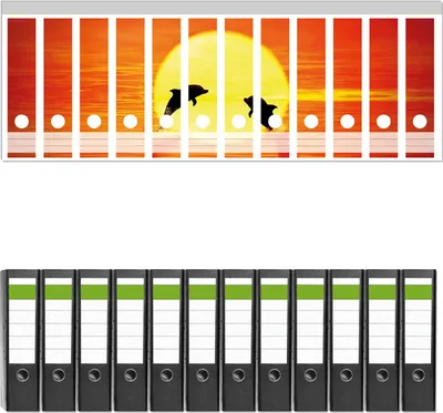 Produktbild von Wallario 12 Stück breite Ordner inkl. Klebeetiketten mit Motive Delphine im Sonnenuntergang -  Set mit Rückenschildern / Ordnerrücken Stickern