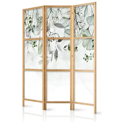 Zdjęcie produktu dla Parawan 135x171 cm 3-częściowy jednostronny elegancki parawan do pokoju ścianka działowa ścianka działowa do pokoju drewniany motyw deco domowe biuro zielone liście natura botanika b-A-0694-bh-e