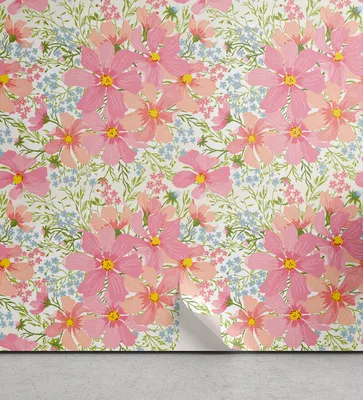 Image de ABAKUHAUS Papier peint pastel amovible et adhésif pour la maison, fleurs et herbes printanières, accent autocollant pour le salon et la cuisine, 33 cm x 90 cm, multicolore