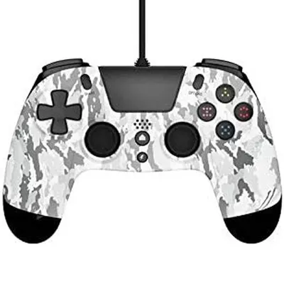 A top-down view of a white, gray, and black camouflage patterned PlayStation 4 controller.