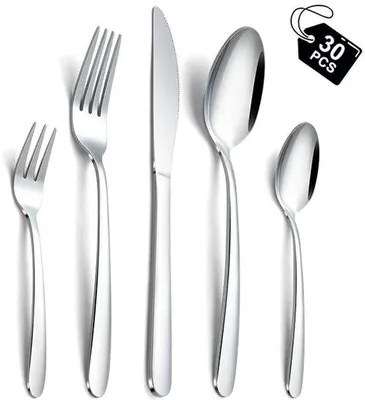 Produktbild von Ibenzoa® Besteckset 30-teilig für 6 Personen – Edelstahl, poliert, spülmaschinenfest; 6 Messer, 6 Gabeln, 6 Esslöffel, 6 Teelöffel, 6 Kuchengabeln