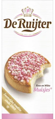 Zdjęcie produktu dla De Ruijter Muisjes różowo-biały 330g - tradycyjna dekoracja cukrowa z nasionami anyżu