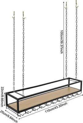 Produktbild von Weinglashalter & Flaschenregal - Deckenhängendes Regal - 110×25×22 cm - 4 Ketten à 1 m - 75 kg Traglast - Lackfreie Platte & Eisen - Vintage-Stil - Schwarz