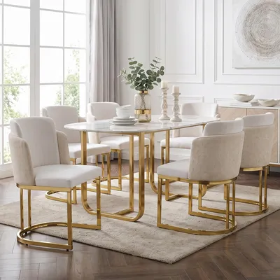 Produktbild von okwish 6er-Set Stühle mit goldfarben galvanisierte Stuhlbeine, Küchenstuhl Chenille-Stoff, Esszimmerstühle für Küche oder Esszimmer,Beige