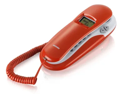 A red and white Brondi analog telephone with a coiled cord, displayed on a white background.