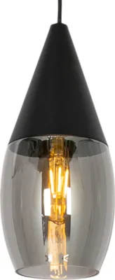 A black pendant light with a smoked glass shade and an exposed filament bulb.