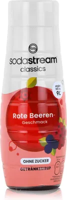 A bottle of SodaStream Rote Beeren (Red Berries) flavored syrup, sugar-free.